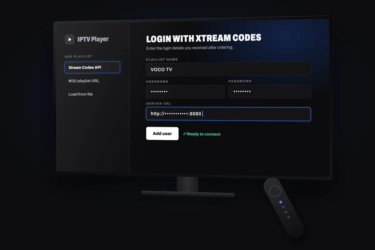 Logging in to VOCO TV with Xtream Codes in an IPTV player on a Smart TV